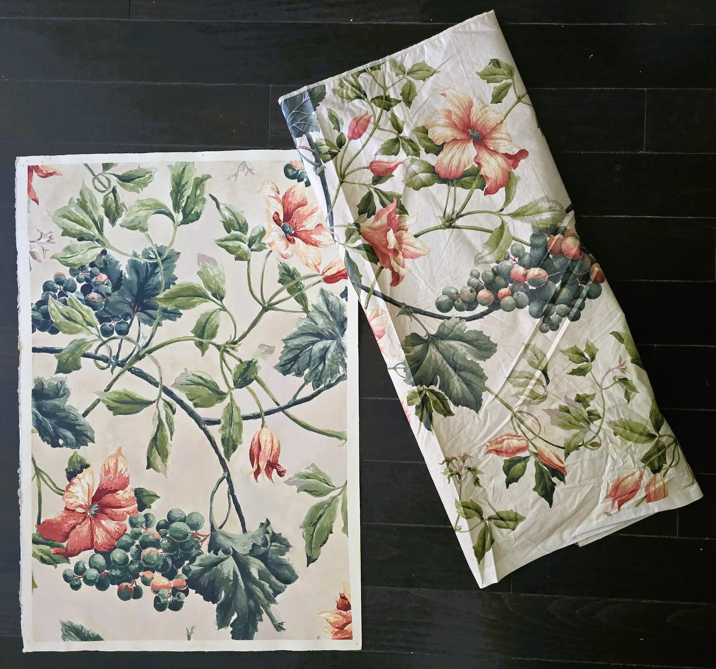 Side-by-side comparison of Carrie Bergey's Vintage Fabric Painting and the folded vintage fabric, showcasing artistic interpretation of botanical design.