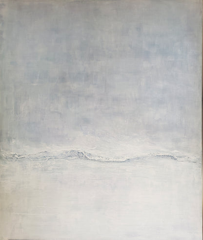 Wide view of Restorative Roller Original Fine Art Painting by Carrie Bergey showcasing layered textures and cool tones evoking oceanic renewal and peace.