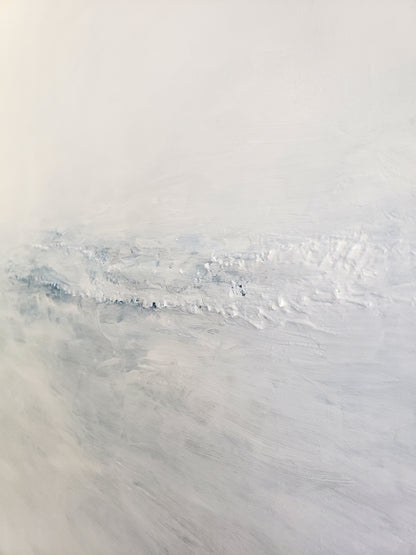 Close-up of Jute Billows Original Fine Art Painting by Carrie Bergey reveals detailed acrylic texture and layered brushstrokes in soft blue and white hues.