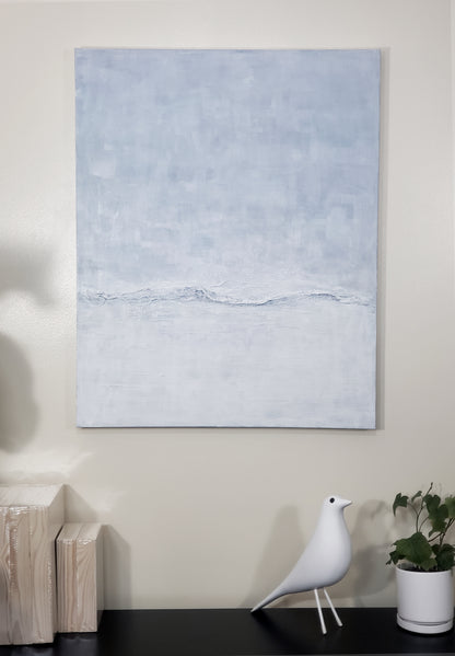 Restorative Roller Original Fine Art Painting by Carrie Bergey mounted on a wall above a shelf with minimalist decor, perfect for tranquil home styling.