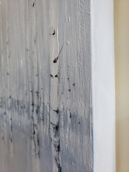 Close-up of Sea of Aspen Original Fine Art Painting shows textured acrylic brushstrokes and detailed tree bark in monochrome hues.