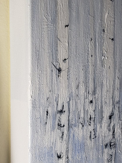 Detailed view of Sea of Aspen Original Fine Art Painting reveals layered paint texture and subtle tonal variations in the tree trunks.