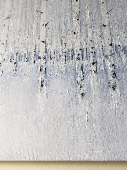 Lower section of Sea of Aspen Original Fine Art Painting displays textured snow-like surface and vertical tree forms in cool tones.