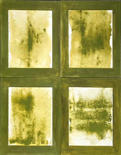 Framed Verdant Memory Quadriptych Collection by Carrie Bergey featuring earthy green tones in a symmetrical four-panel layout.