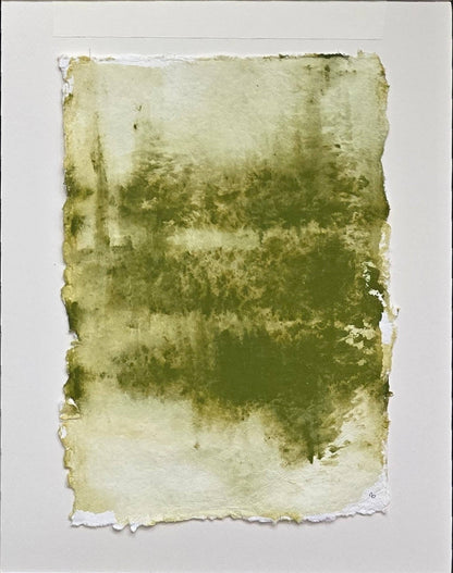 Textured green abstract painting from Verdant Memory series by Carrie Bergey, evoking natural landscapes in fine art form.