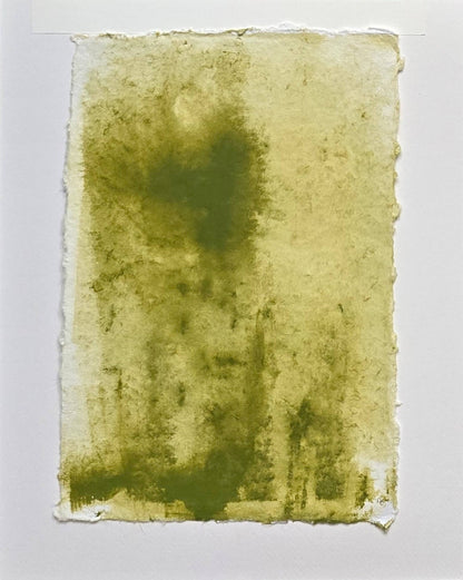 Verdant Memory painting panel by Carrie Bergey with soft, earthy green tones and organic brushwork on handmade paper.