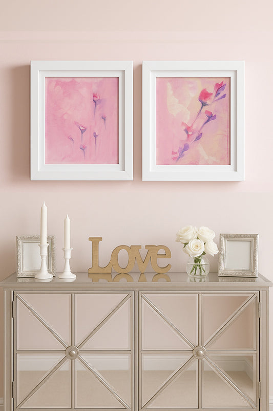 Original Fine Art Painting Diptych by Carrie Bergey displayed in a modern home setting with blush pink walls and mirrored console decor.