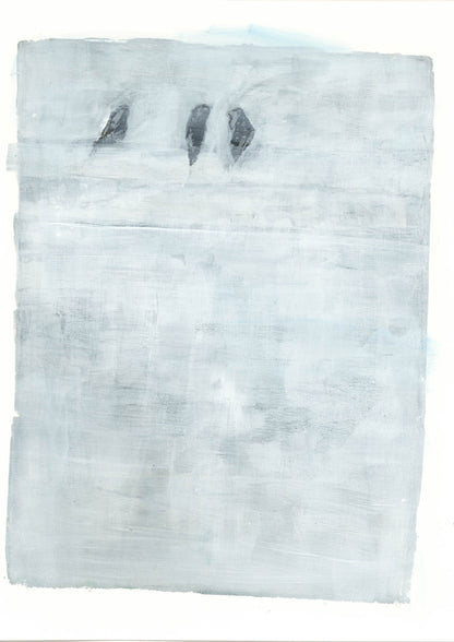 Birds On A Wire Original Fine Art Monoprint by Carrie Bergey featuring three silhouetted birds on a soft blue-gray background in acrylic monoprint style.