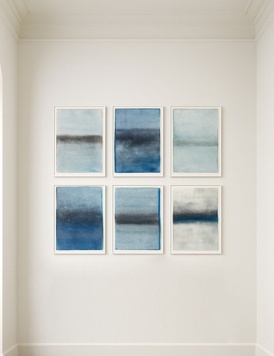 Isla De La Pasion Art - Monoprint Collection by Carrie Bergey displayed as a hexaptych on a white wall, ideal for modern home decor.