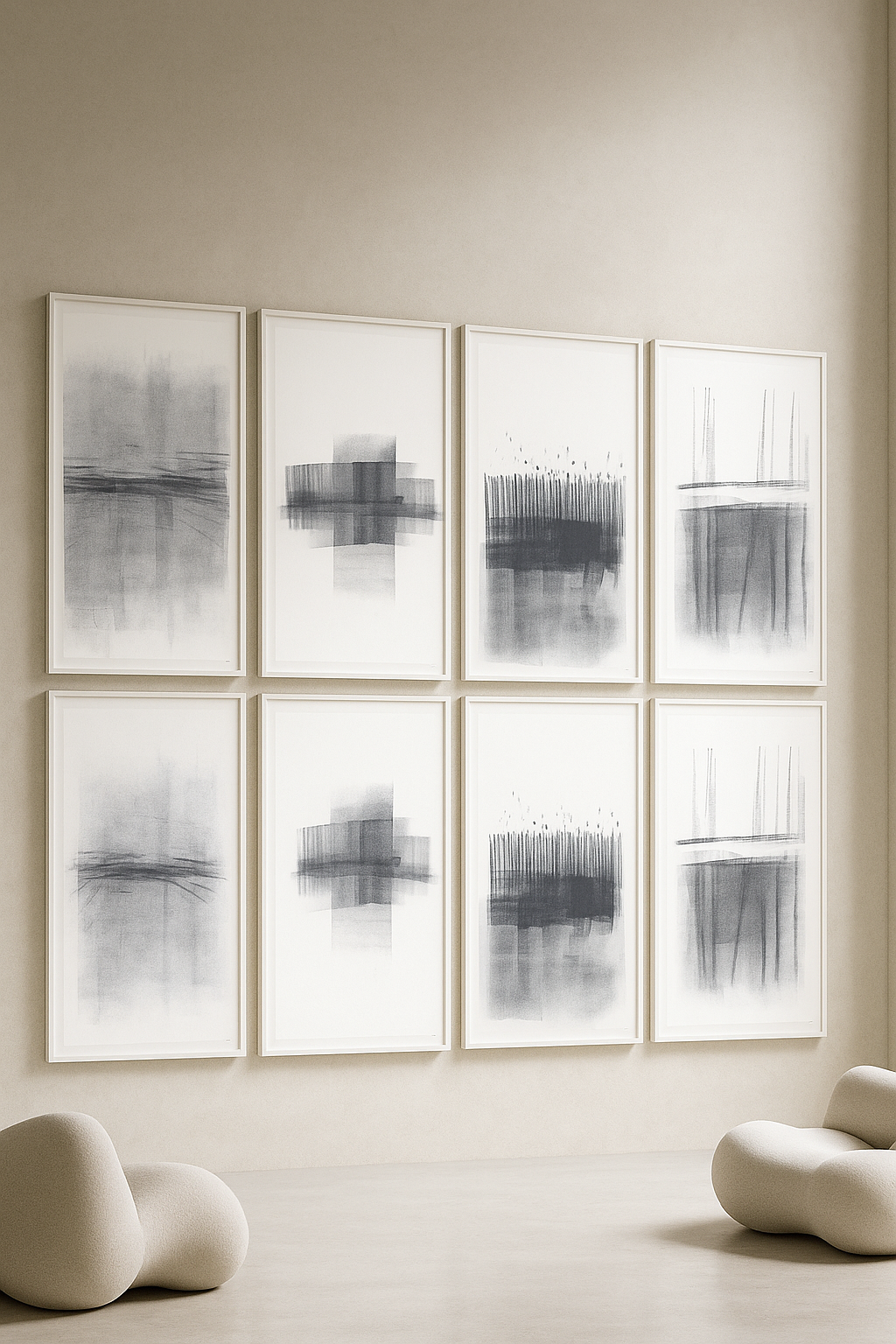 Ink on Paper 17-22 Original Fine Art Painting Hexaptych Collection displayed in minimalist room, featuring abstract grayscale brushwork.