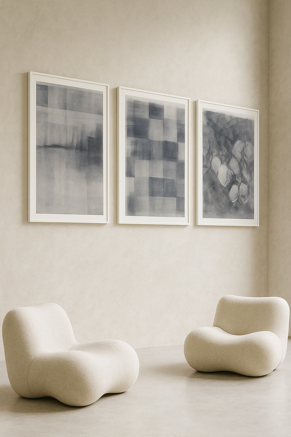 Ink on Paper 23-25 Original Fine Art Painting Triptych Collection displayed in a modern interior with two cream lounge chairs. Ideal for contemporary decor.