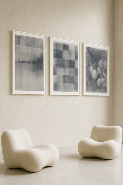 Ink on Paper 23-25 Original Fine Art Painting Triptych Collection displayed in a modern interior with two cream lounge chairs. Ideal for contemporary decor.