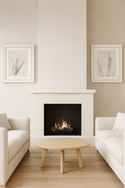 Interior decor featuring Pine Needles Original Fine Art Monoprint Diptych Collection by Carrie Bergey above a fireplace in a cozy modern setting.