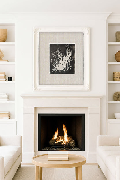 Pine Needles Monoprint - Fine Art | Original Series by Bergey showcased above a fireplace in a minimalist living room. Elegant black and white artwork for sophisticated interiors.