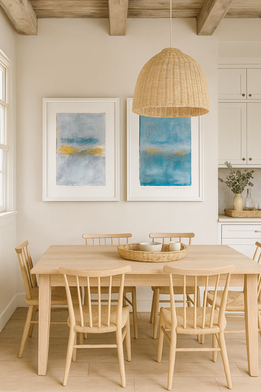 Playa Del Carmen Diptych Art - Monoprint Collection displayed in a coastal dining room with natural wood furniture and neutral tones.