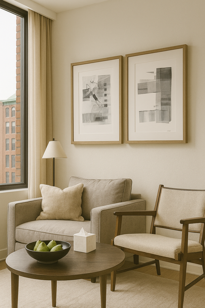 Ink on Paper 02-08 Original Fine Art Painting Diptych Collection displayed in a modern living room with neutral decor and framed artwork.