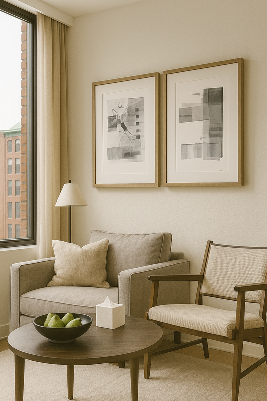 Ink on Paper 02-08 Original Fine Art Painting Diptych Collection displayed in a modern living room with neutral decor and framed artwork.