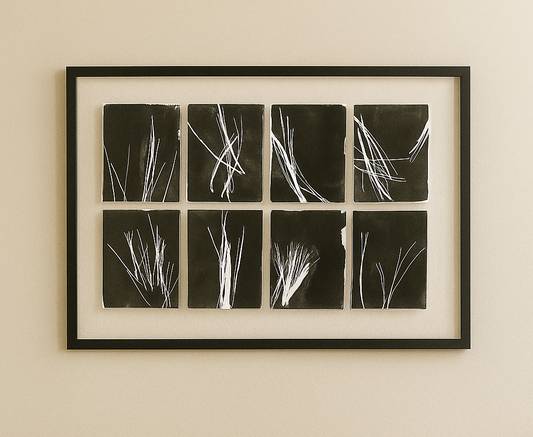 Framed Pine Needles Original Fine Art Monoprint Octaptych Collection by Carrie Bergey, featuring 8 abstract black and white prints.