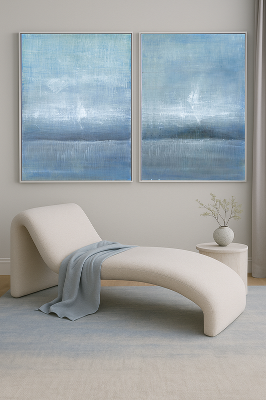 Maui 03-04 Original Fine Art Painting Diptych Collection by Carrie Bergey displayed in a modern living space with neutral decor and soft tones.