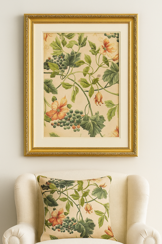 Vintage Fabric Original Fine Art Painting by Carrie Bergey featuring floral and grapevine motifs in gouache on cotton, ideal for botanical wall decor.