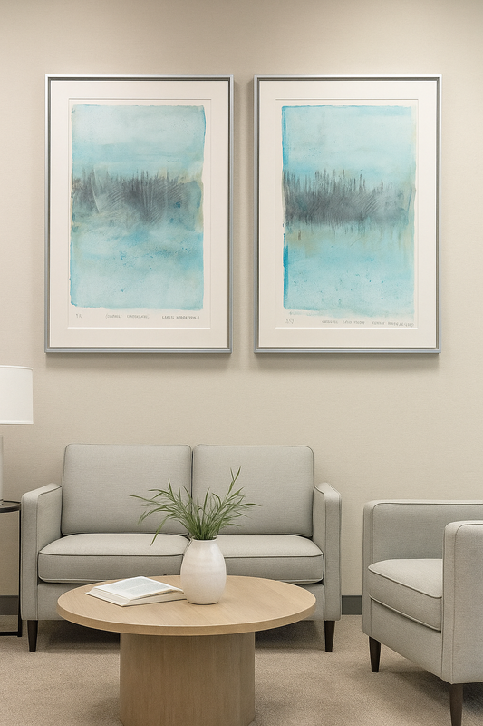 Mangroves 04-05 Original Fine Art Monoprint Diptych Collection displayed in a modern living room with neutral-toned furniture. Ideal for nature-inspired home decor.