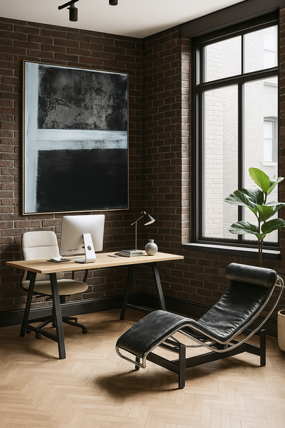 Tux Original Fine Art Monoprint by Carrie Bergey displayed in a modern home office, enhancing the space with minimalist sophistication and bold contrast.