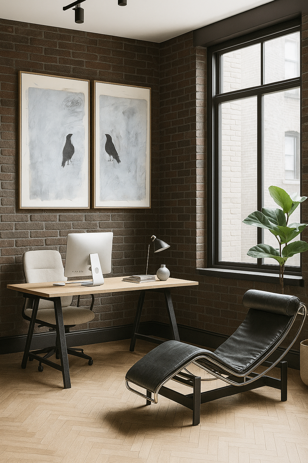 Two framed prints from the Raven Original Fine Art Monoprint Collection by Carrie Bergey featured in a stylish home office. Perfect for adding artistic depth to workspace decor.