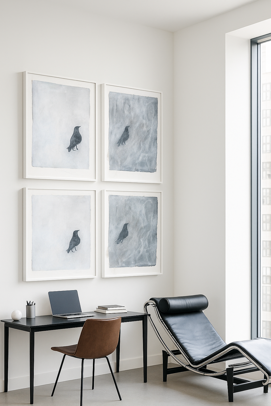 Four raven-themed monoprints from Carrie Bergey's Octaptych Collection arranged in a minimalist office. Enhances modern interiors with textured, symbolic artwork.