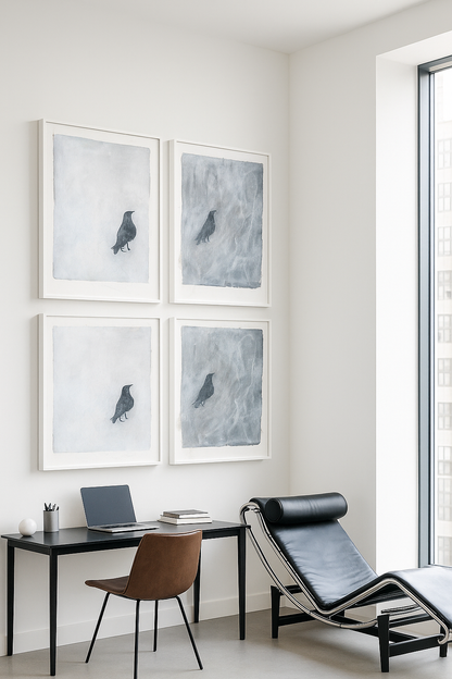 Four raven-themed monoprints from Carrie Bergey's Octaptych Collection arranged in a minimalist office. Enhances modern interiors with textured, symbolic artwork.