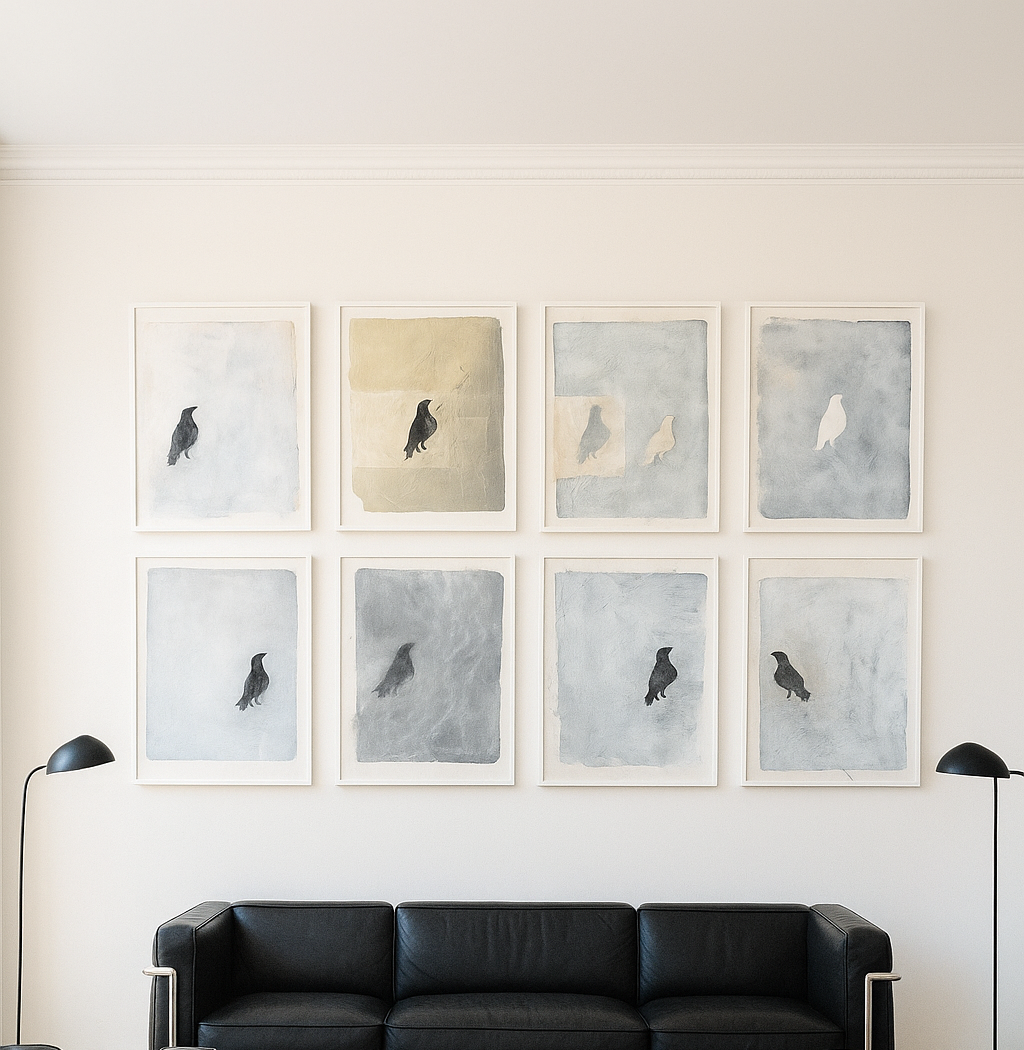 Raven Original Fine Art Monoprint Octaptych Collection by Carrie Bergey displayed above a black leather sofa in a modern living room. Ideal for home decor with symbolic raven imagery.