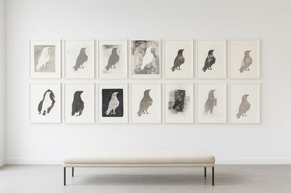 Full wall display of Raven 01-10 Original Fine Art Monoprint Decade Collection by Carrie Bergey, featuring 10 expressive raven prints in minimalist frames.