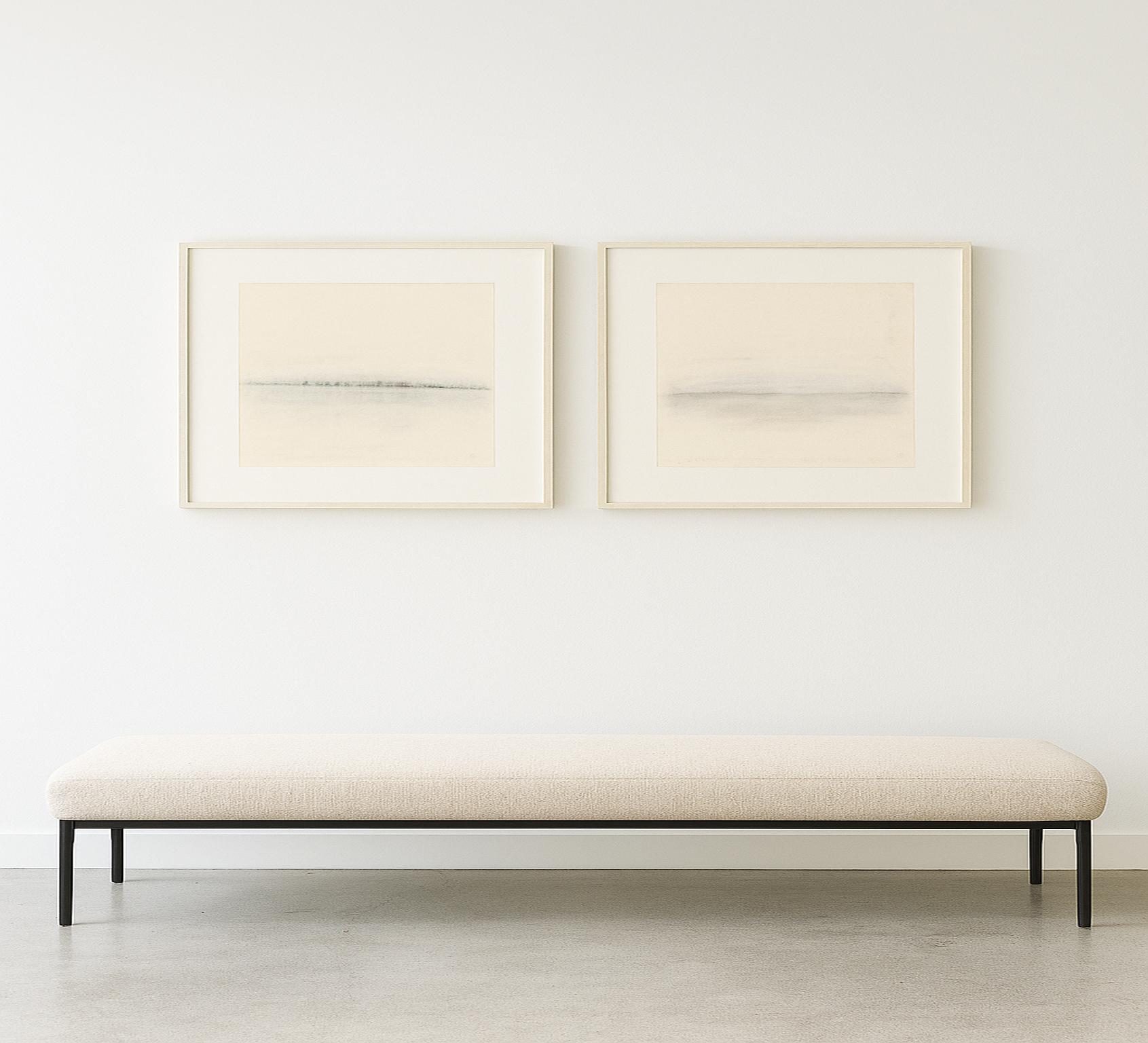 Vista Original Fine Art Drawings Diptych Collection by Carrie Bergey displayed above a minimalist bench, ideal for modern home decor.