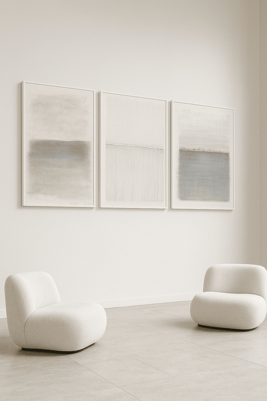 Vista 02-04-05 Original Fine Art Drawings Triptych Collection by Carrie Bergey displayed in a minimalist living space with two modern cream chairs.