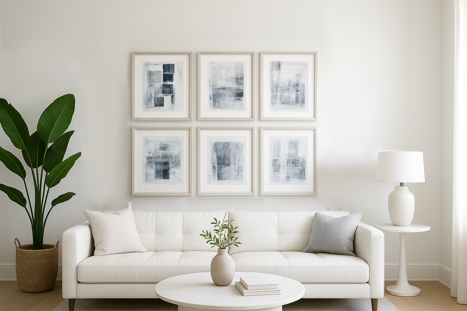 Independence Original Fine Art Paintings Hexaptych Collection by Carrie Bergey displayed in a modern living room, featuring six abstract pieces in soft blue and white tones. Ideal for contemporary home decor in the Home & Garden > Decor > Artwork category.