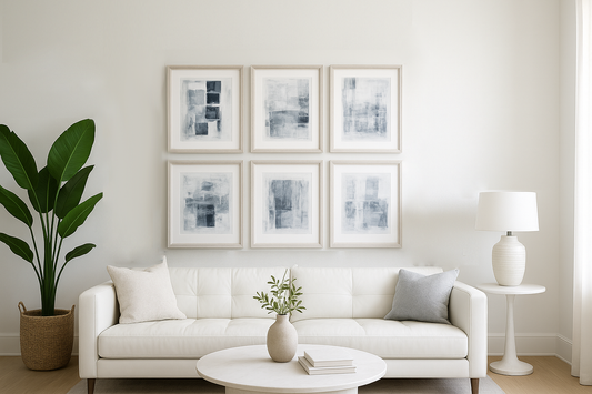 Independence Original Fine Art Paintings Hexaptych Collection by Carrie Bergey displayed in a modern living room, featuring six abstract pieces in soft blue and white tones. Ideal for contemporary home decor in the Home & Garden > Decor > Artwork category.