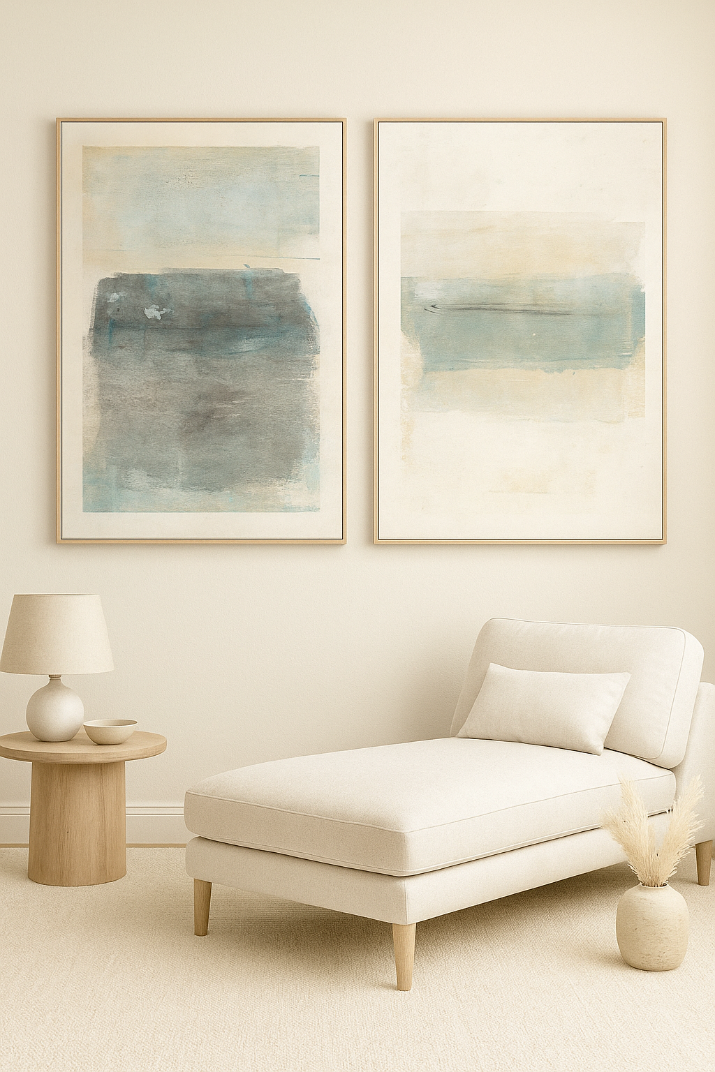 Mesas Original Fine Art Monoprint Diptych Collection by Carrie Bergey displayed in a minimalist living room with neutral decor tones.