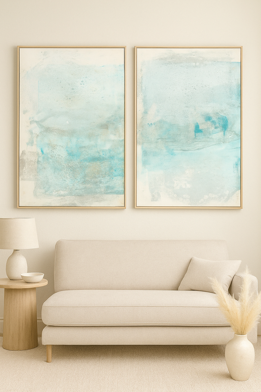Mesas 03-04 Original Fine Art Monoprint Diptych Collection by Carrie Bergey displayed above a neutral sofa. Earthy blue tones enhance modern decor.