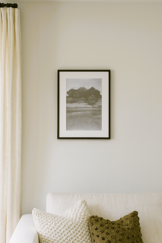 Humble Homestead Original Drawing - art by Carrie Bergey. A monochrome fine art drawing of a rural landscape with trees and fields, evoking calm simplicity.