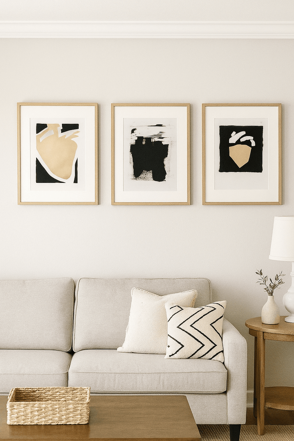 Heart 01-02-03 Original Fine Art Painting Triptych Collection by Carrie Bergey displayed above a beige sofa in a modern living room setting.