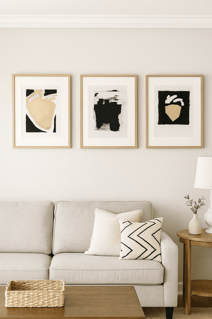 Heart 01-02-03 Original Fine Art Painting Triptych Collection by Carrie Bergey displayed above a beige sofa in a modern living room setting.