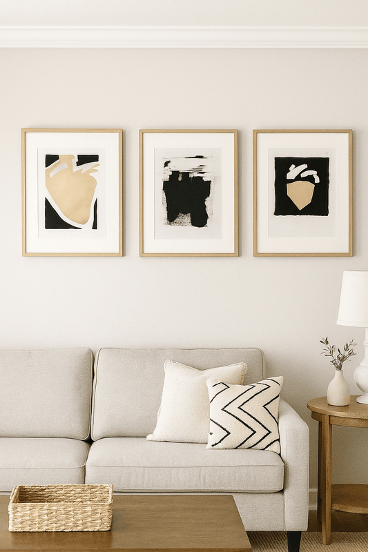 Heart 01-02-03 Original Fine Art Painting Triptych Collection by Carrie Bergey displayed above a beige sofa in a modern living room setting.