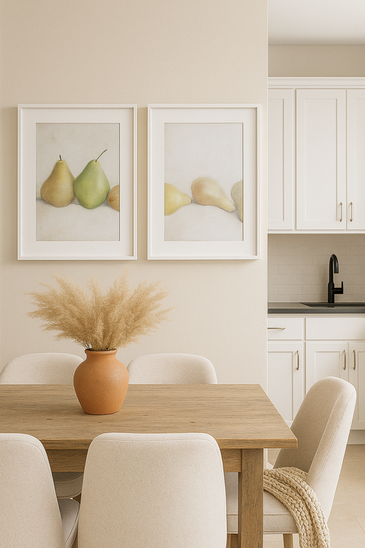 Pears The After Party Original Fine Art Painting Diptych Collection by Carrie Bergey displayed in a modern dining room with neutral decor.