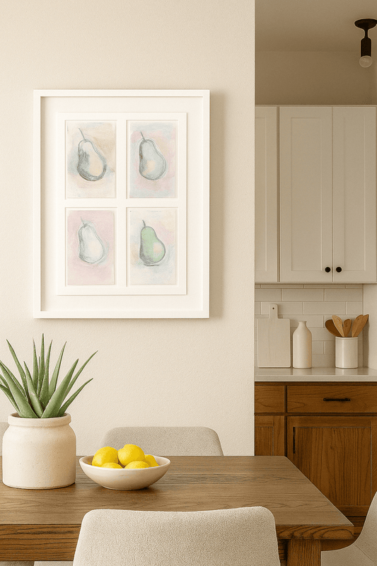 Framed Pears Original Monoprint Series Art by Carrie Bergey displayed in a minimalist kitchen-dining space. Enhances wall decor with soft, artistic charm.