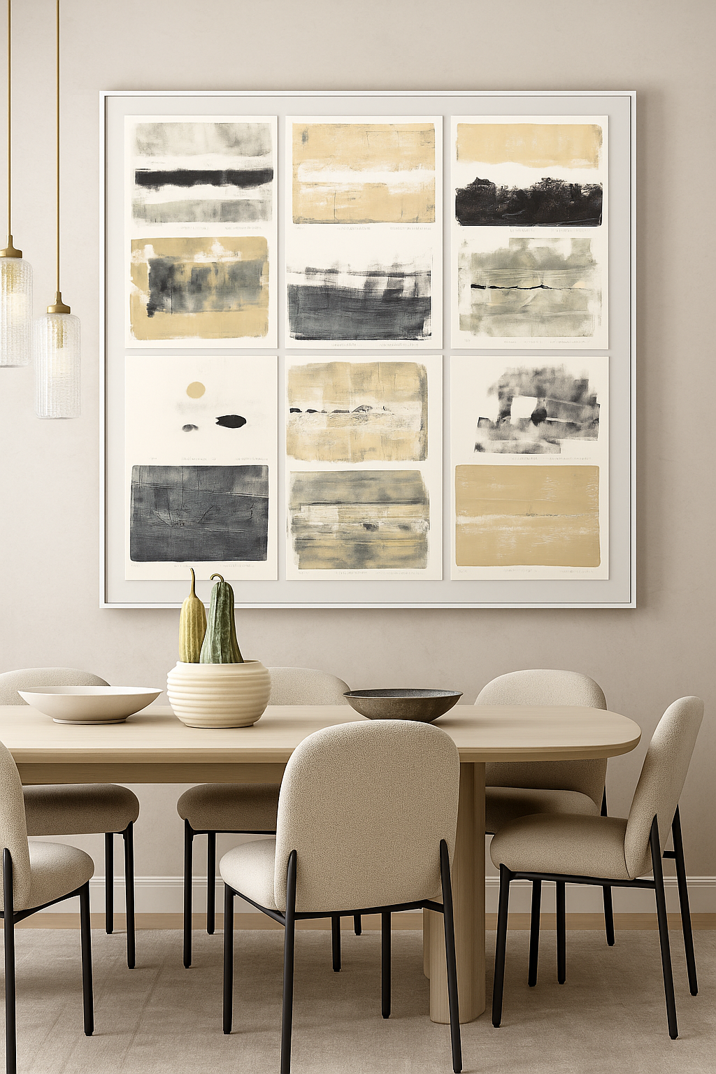 Presidio Play Original Fine Art Monoprint Collection by Carrie Bergey displayed in a modern dining room. Limited edition abstract prints in neutral tones.