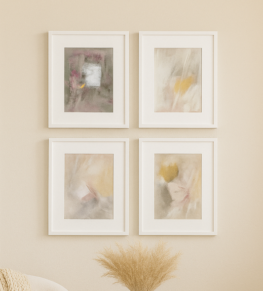 Threshold of Memory - Original Fine Art Drawing Quadriptych Collection by Carrie Bergey displayed in white frames on a beige wall, ideal for modern home decor.