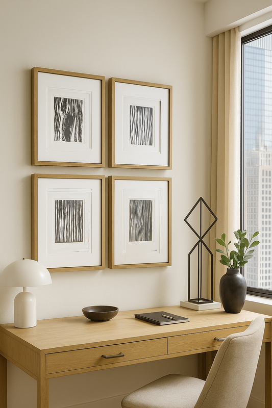 In the Weeds Original Fine Art Monoprint Quadriptych Collection by Carrie Bergey displayed in a modern home office with natural wood decor.
