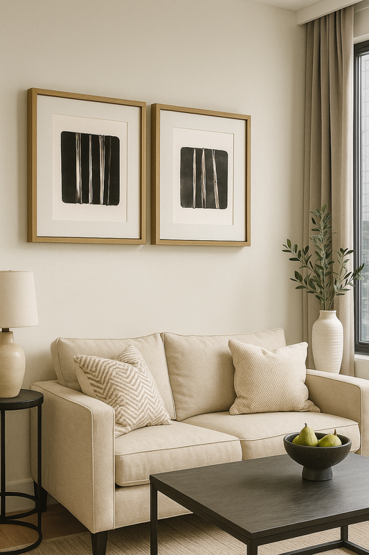 Forest 04-05 Original Fine Art Monoprint Diptych Collection by Carrie Bergey displayed in a modern living room, ideal for contemporary home decor.