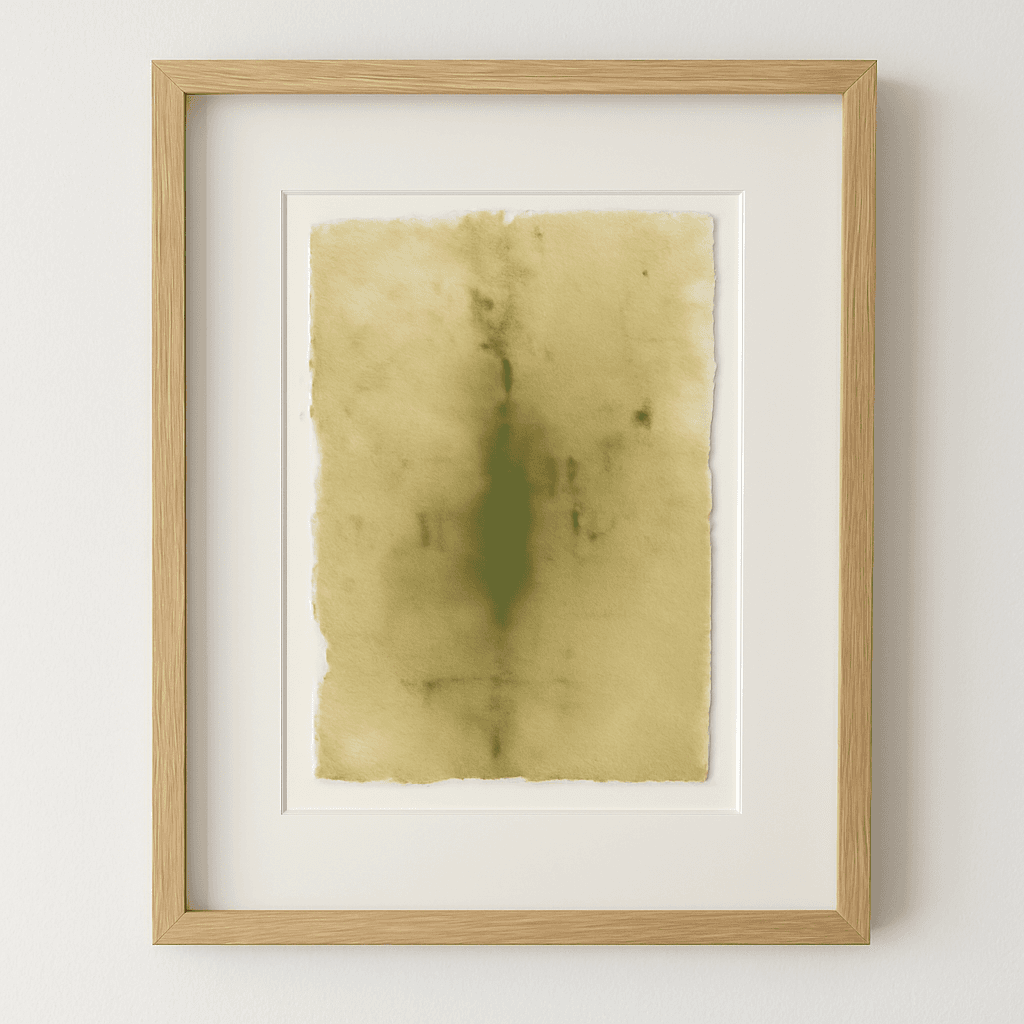 Single framed Verdant Memory painting by Carrie Bergey in a natural wood frame, ideal for minimalist home and garden decor.