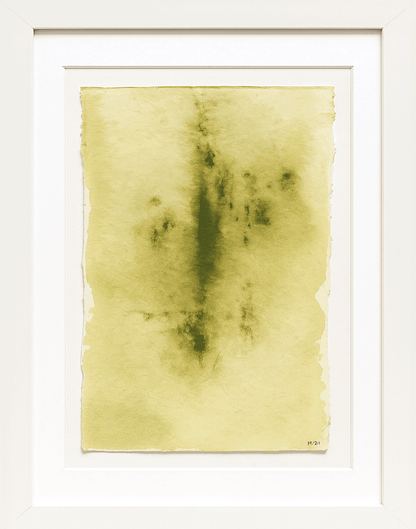 Close-up of Verdant Memory painting by Carrie Bergey in white frame, showcasing delicate green watercolor textures on fine art paper.