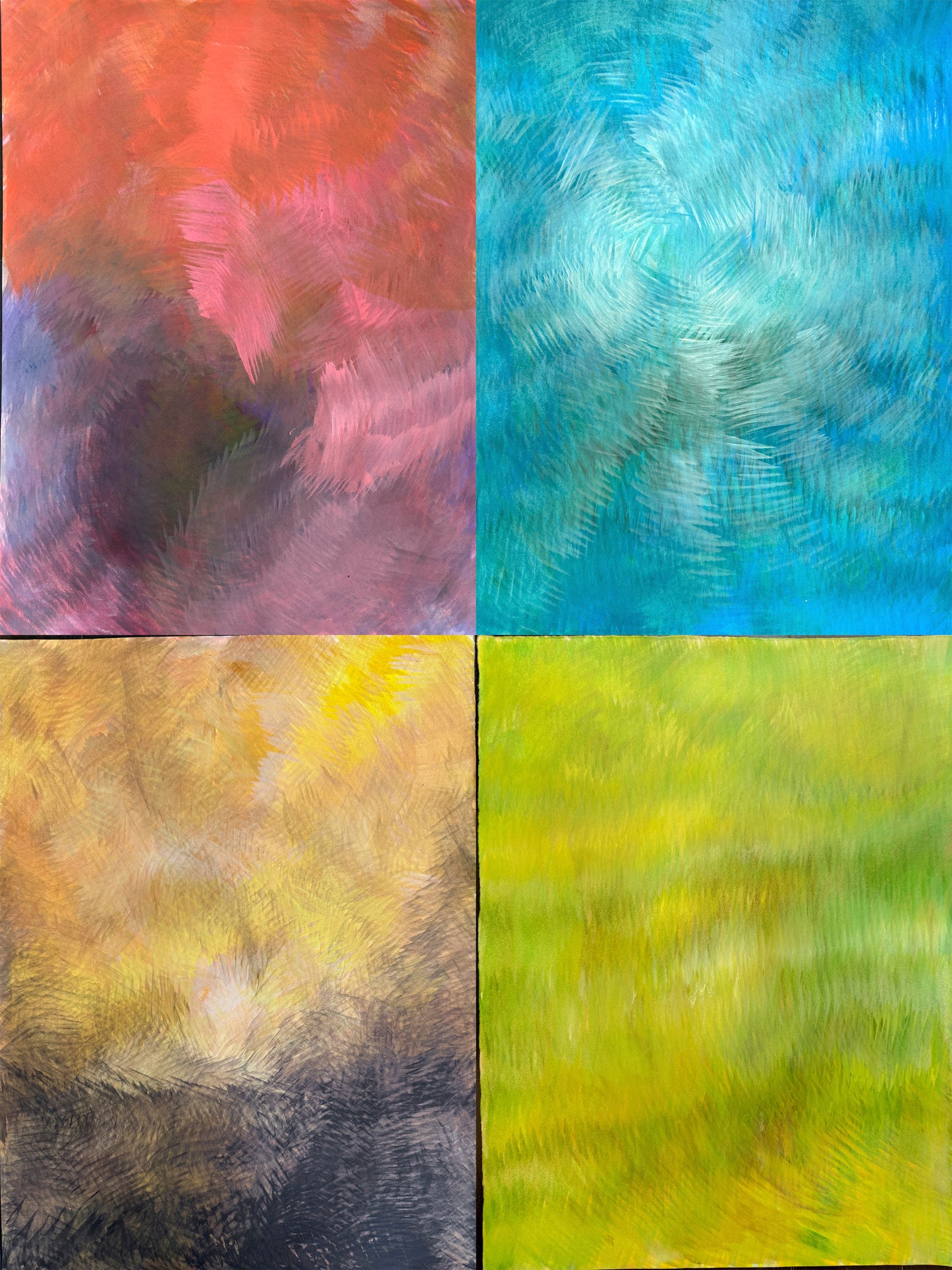 Echoes Original Fine Art Painting Quadriptych Collection by Carrie Bergey featuring four abstract panels in red, blue, yellow, and green. Ideal for modern wall art.